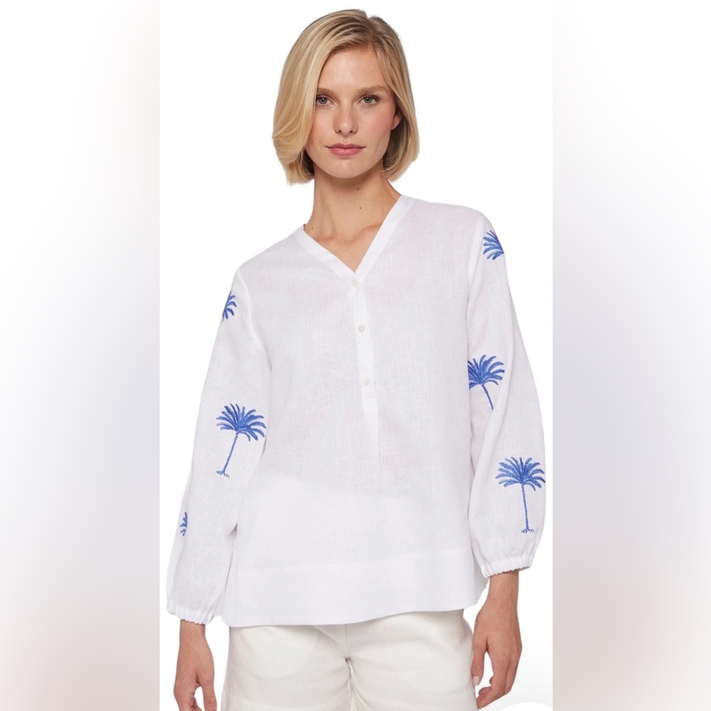 Villagallo Ebba Embroidered Palm Print Linen Top Size 36 US 4